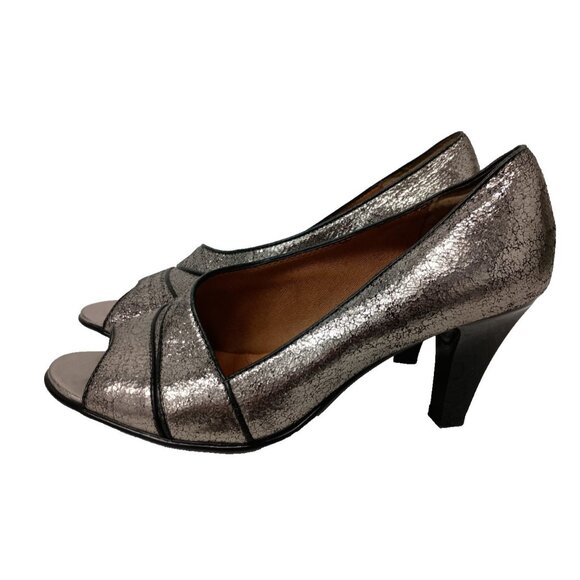 Sofft Shoes - Sofft Womens Heels 6M Silver Pewter Leather Comfort Cone Heel Open Toe Slip On